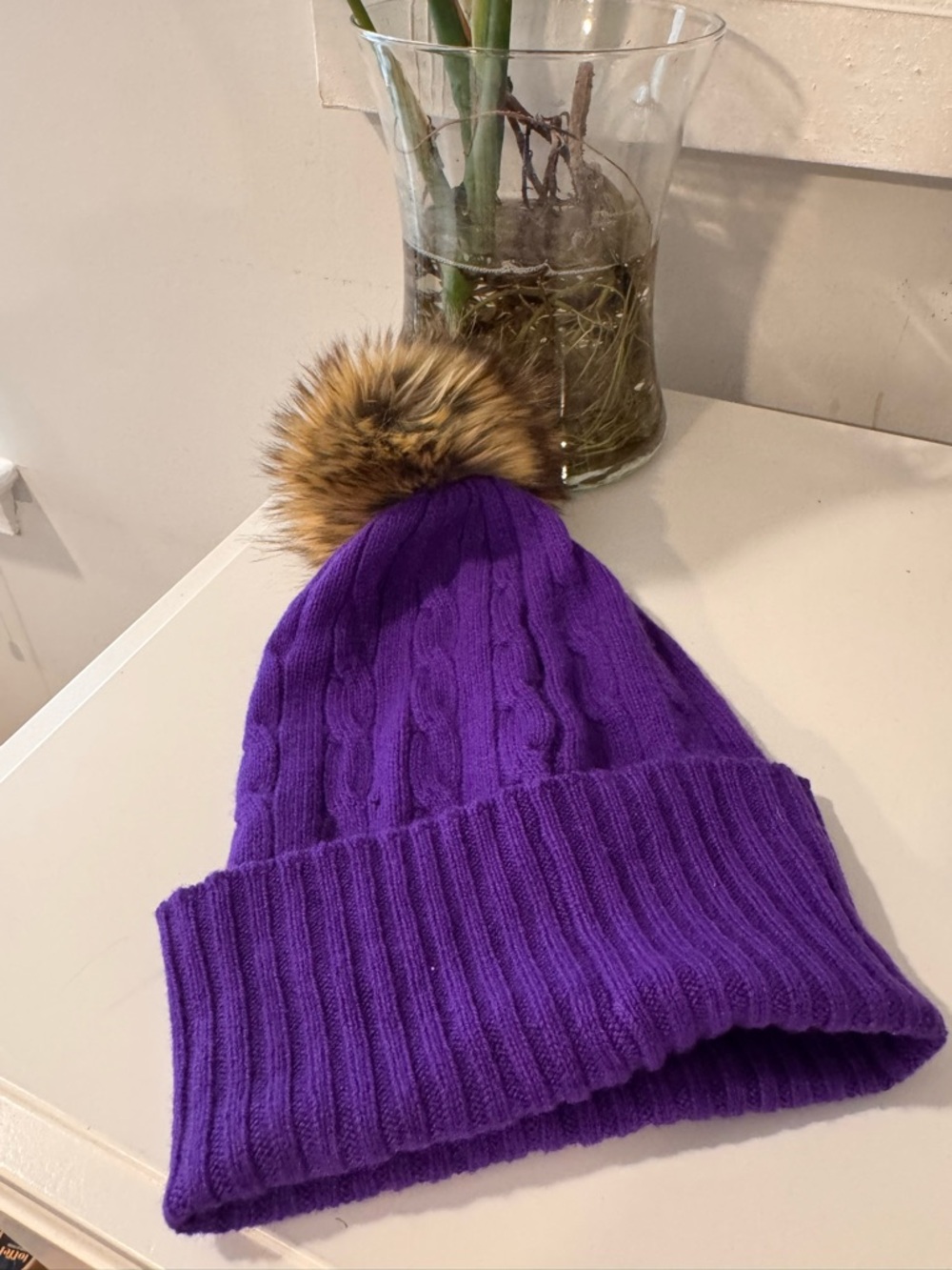 5/25$ Polo by Ralph Lauren Purple Cable-Knit Pom Beanie with Faux Fur Pom